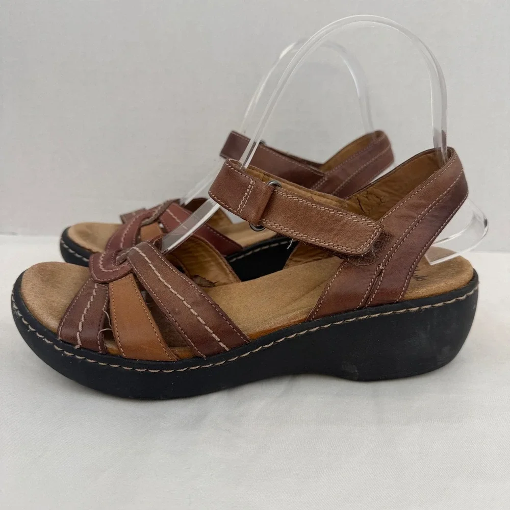Clarks Collection Soft Cushion Brown Leather Wedge Sandals 7W 261258895045